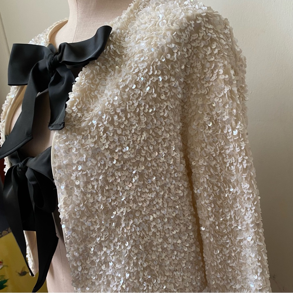 H&M Ivory Sequin Cropped Jacket with Black Bow Ties - Picture 4 of 10
